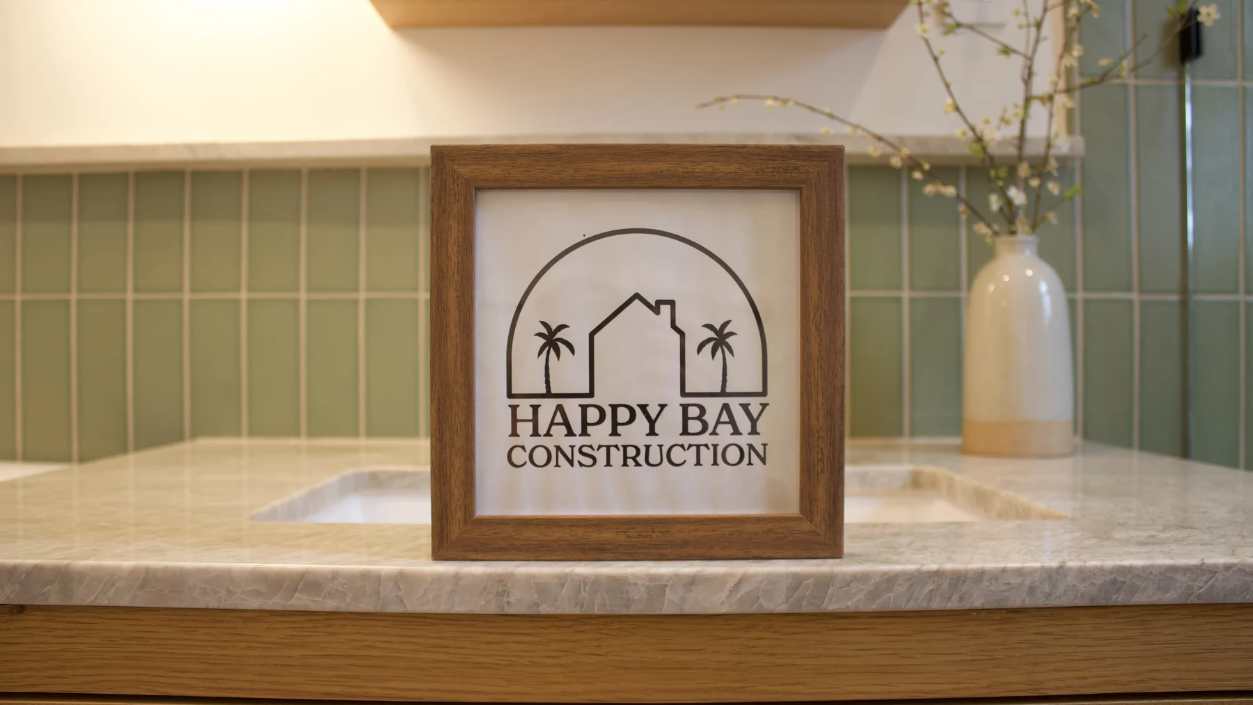 Happy Bay Construction sign on a marble counter in a finished bathroom